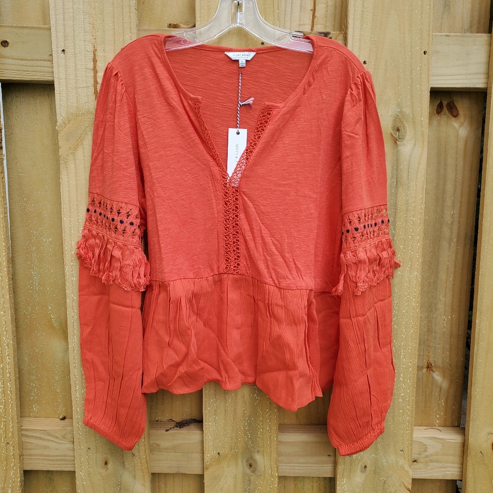 Lucky Brand Boho Fringe Sleeve Detailed V neck Top L NWT